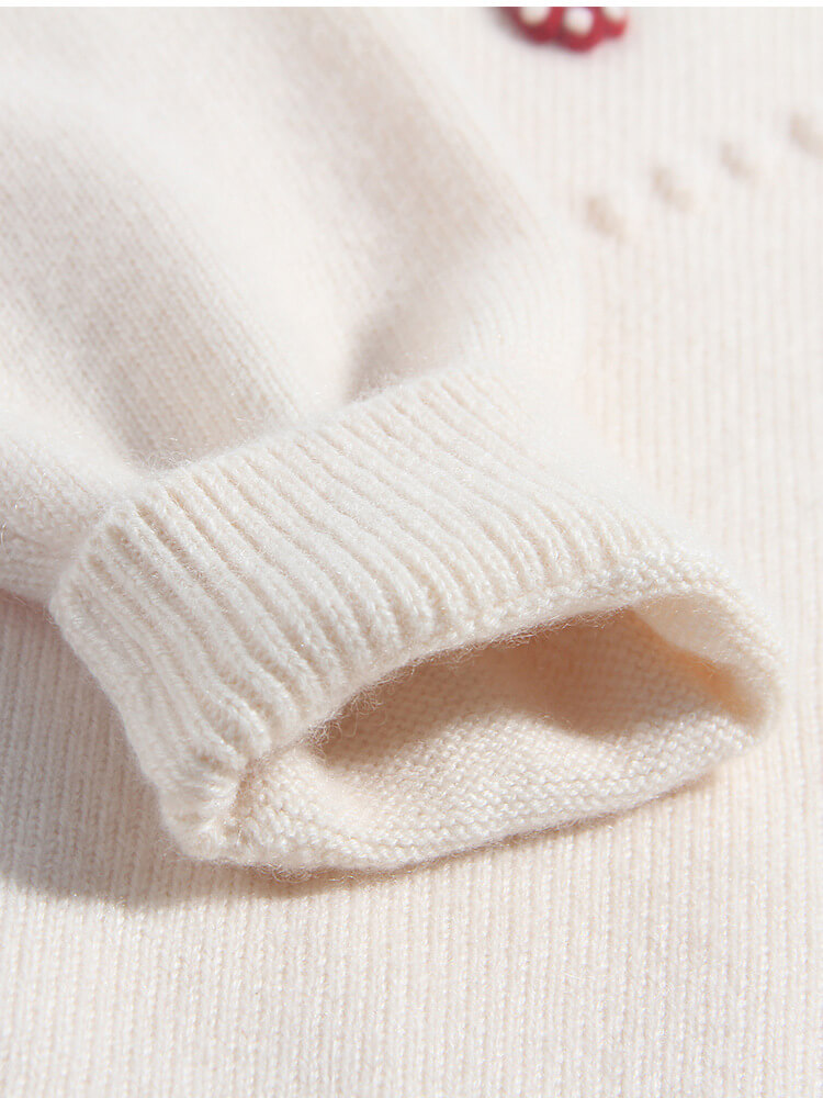 Soft Cream Strawberry Embroidery Cashmere Sweater for Girls